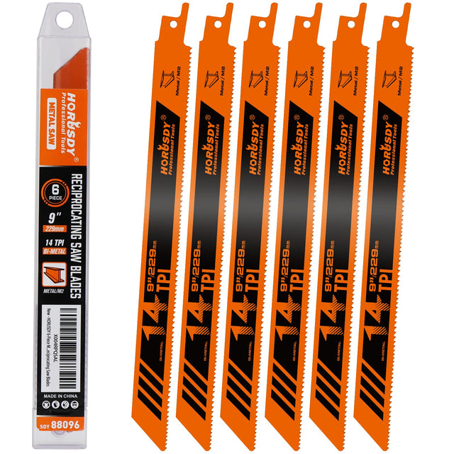 HORUSDY 6PCS 9-Inch 14TPI Bi-Metal Reciprocating Saw Blades, Heavy-Duty Blades for Cutting Steel Pipe, Rebar and Sheet Metal, Universal Shank Fits Most Saws