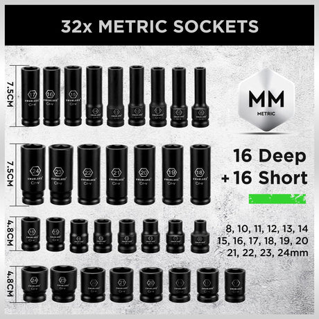 SWANLAKE 1/2" Drive Impact Socket Set, 66-Piece Standard SAE (3/8"-1-1/4") and Metric (8-24mm) Size, 6 Point, Cr-V, 1/2-Inch Drive Ratchet Handle, Extension Bar, Impact Universal Joint