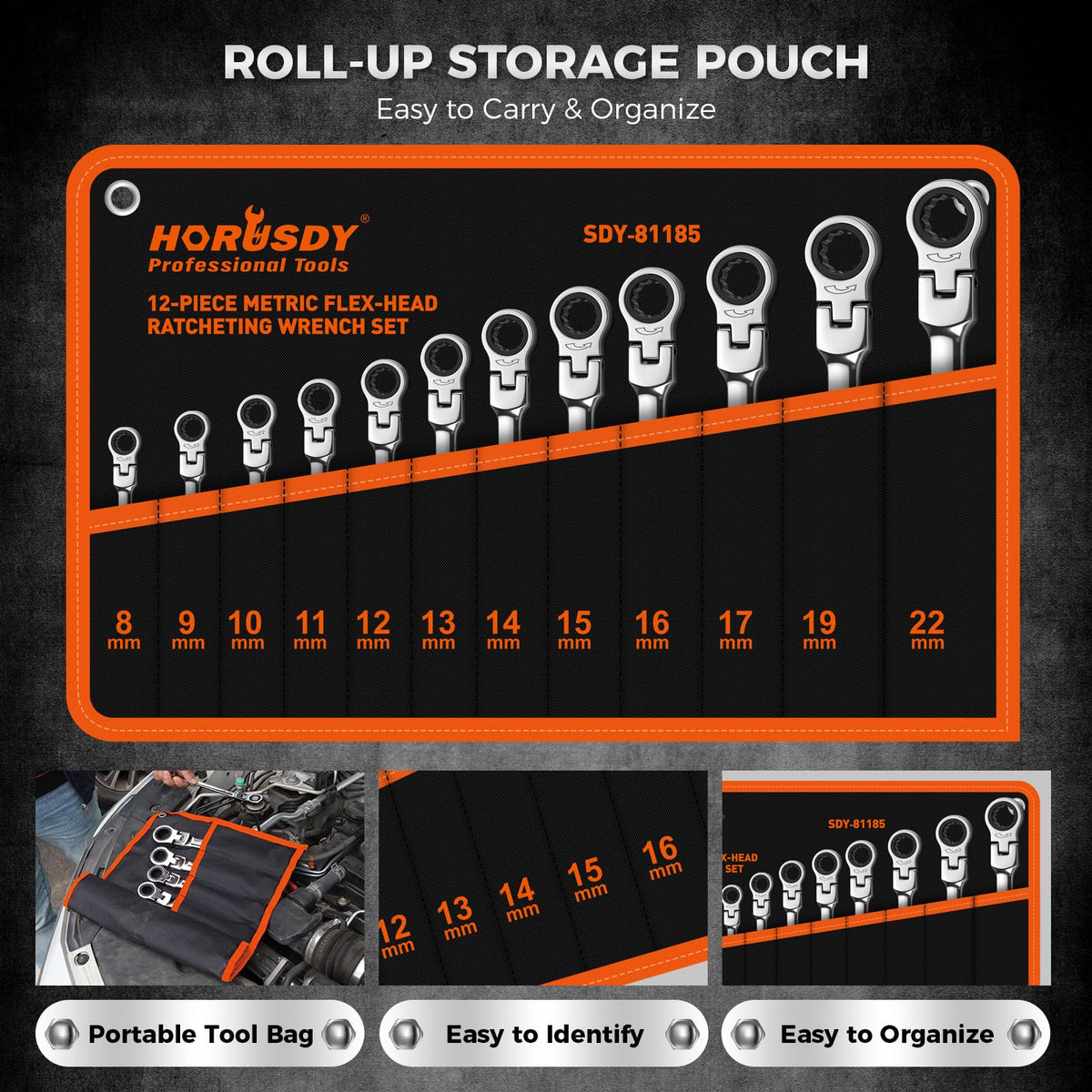 HORUSDY 12-Piece Metric Flex-Head Ratcheting Wrench Set 8-22mm, CR-V Ratchet Combination Wrenches with 72T 180° Flex Head, Magnetic Holder & Tool Bag for Auto, Motorcycle, Home & Repair
