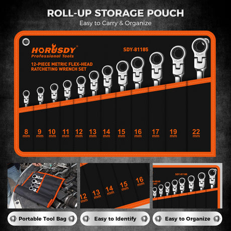 HORUSDY 12-Piece Metric Flex-Head Ratcheting Wrench Set 8-22mm, CR-V Ratchet Combination Wrenches with 72T 180° Flex Head, Magnetic Holder & Tool Bag for Auto, Motorcycle, Home & Repair
