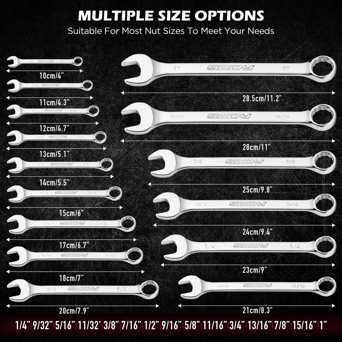 15-Piece SAE Combination Wrench Set, 1/4''–1'' 12-Point Open End and Box End Wrench Kit with Organizer, Chrome Vanadium Steel Tools for Mechanics, Garages and Workshops