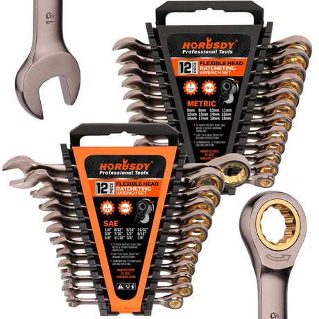 HORUSDY 24-Piece Ratcheting Wrench Set | Metric and SAE | 8-19 mm & 1/4” to 7/8“ | Ratchet Combination Wrenches Set with Organizer | 72-Teeth | Chrome Vanadium Steel