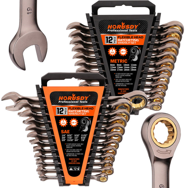 HORUSDY 24-Piece Ratcheting Wrench Set | Metric and SAE | 8-19 mm & 1/4” to 7/8“ | Ratchet Combination Wrenches Set with Organizer | 72-Teeth | Chrome Vanadium Steel