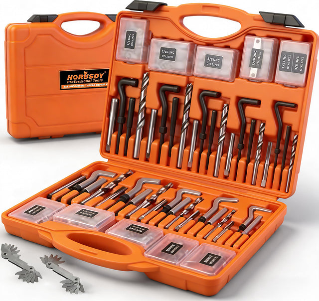HORUSDY 348-Piece Thread Repair Kit, Metric & SAE Helicoil Set with HSS Drill Bits, Thread Inserts, Taps & Installation Tools, for Damaged Thread, Engine, Spark Plug & Automotive Repair