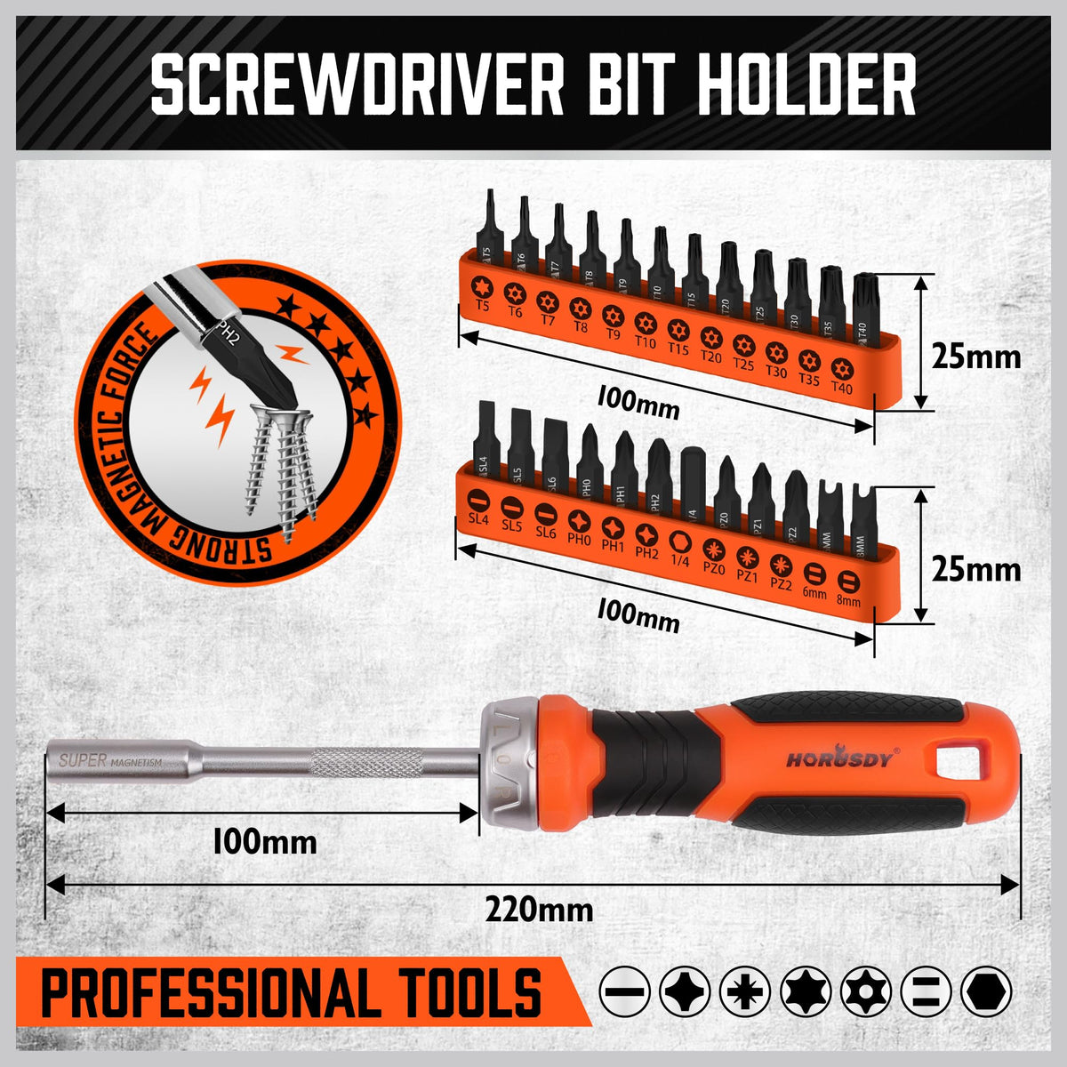 HORUSDY 25-Piece Security Torx Screwdriver Bit Set | T5-T40 Torx Bit Set 1/4 inch Ratcheting Magnetic Bit Driver | 12Pcs T-Drive Bits and 12Pcs Common Bit