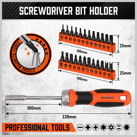HORUSDY 25-Piece Security Torx Screwdriver Bit Set | T5-T40 Torx Bit Set 1/4 inch Ratcheting Magnetic Bit Driver | 12Pcs T-Drive Bits and 12Pcs Common Bit