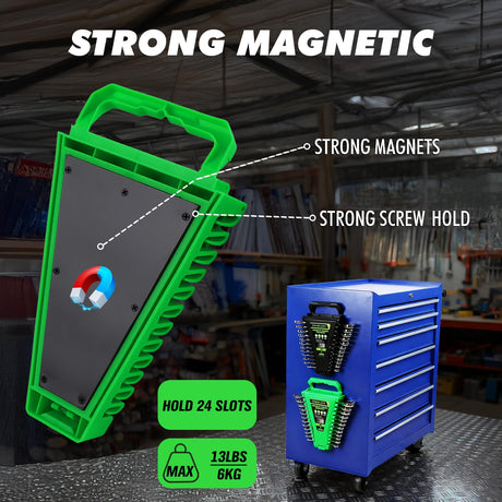 2-Piece Magnetic Wrench Organizer, Metric & SAE Portable Plastic Wrench Holder, 24-Slot Total, Foldable Carrying Handle for Wall-Mounted, Easy-Open Lock Cover, Wrenches Storage Rack Tool for Tool Box