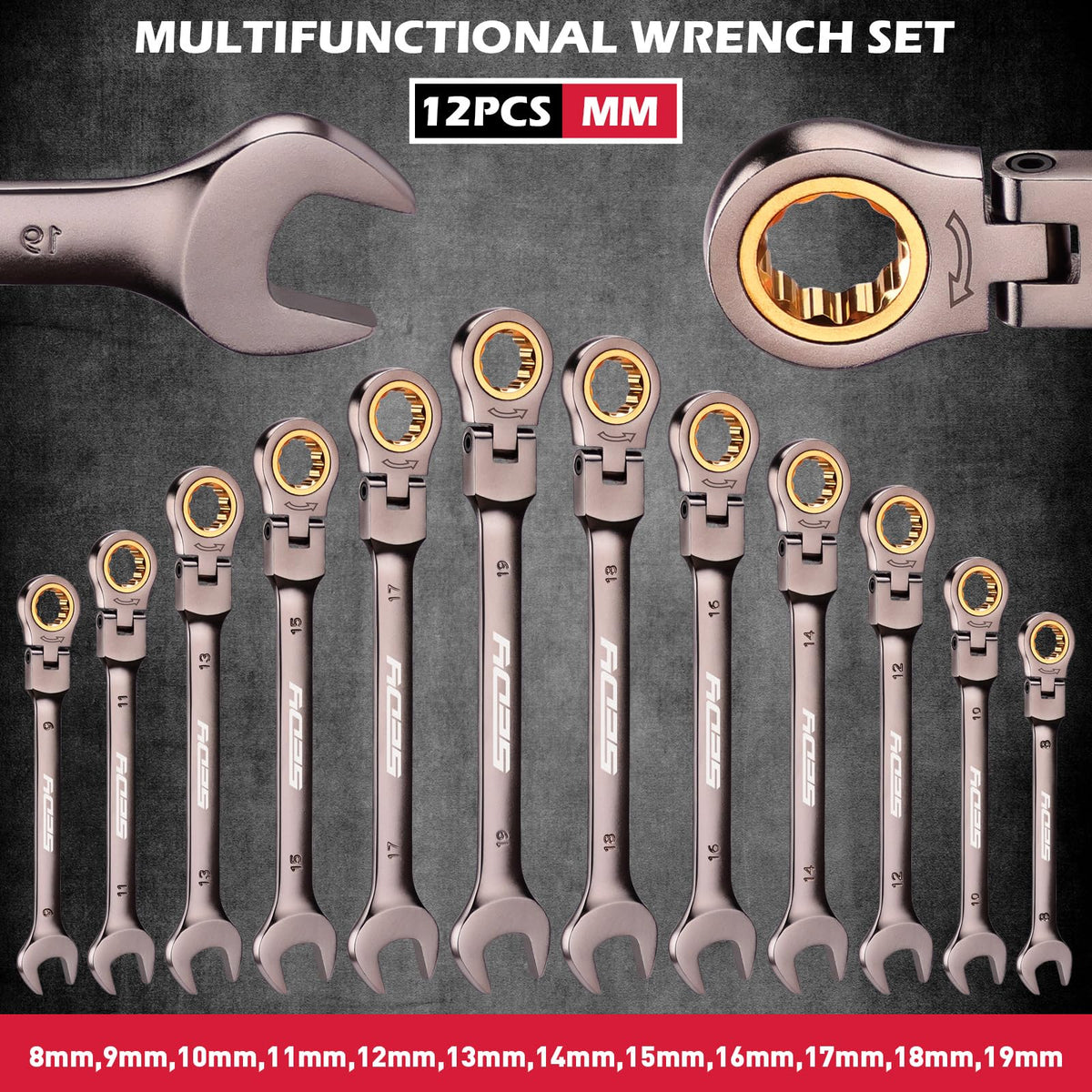 SEDY Premium 12-Piece Metric Flex-Head Ratchet Wrenches Set 8-19mm with Magnetic Organizer, Cr-V Steel Ratcheting Wrench Set with 72 Teeth 180° Flex Head, Ratchet Combination Wrench Set for Repair