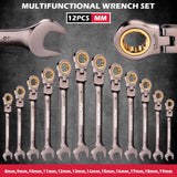 SEDY Premium 12-Piece Metric Flex-Head Ratchet Wrenches Set 8-19mm with Magnetic Organizer, Cr-V Steel Ratcheting Wrench Set with 72 Teeth 180° Flex Head, Ratchet Combination Wrench Set for Repair