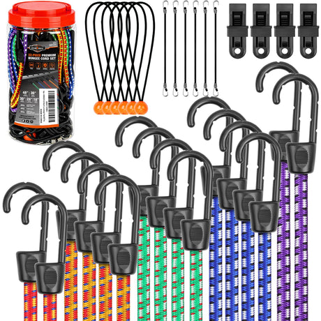 32-Piece Bungee Cords with Hooks - 18" 24" 30" 36" 48" Bungee Cords Heavy Duty Outdoor, 10" Mini Elastic Cord Straps, Canopy Tarp Ball Ties, Tarp Clips, with Storage Bag