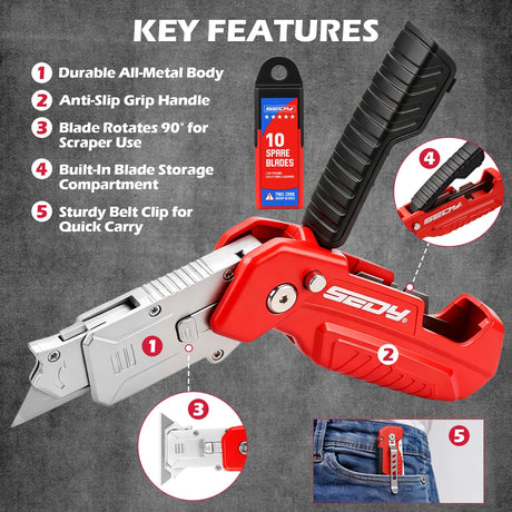 2-in-1 Utility Knife Scraper, Folding Box Cutter with 13 SK5 Blades