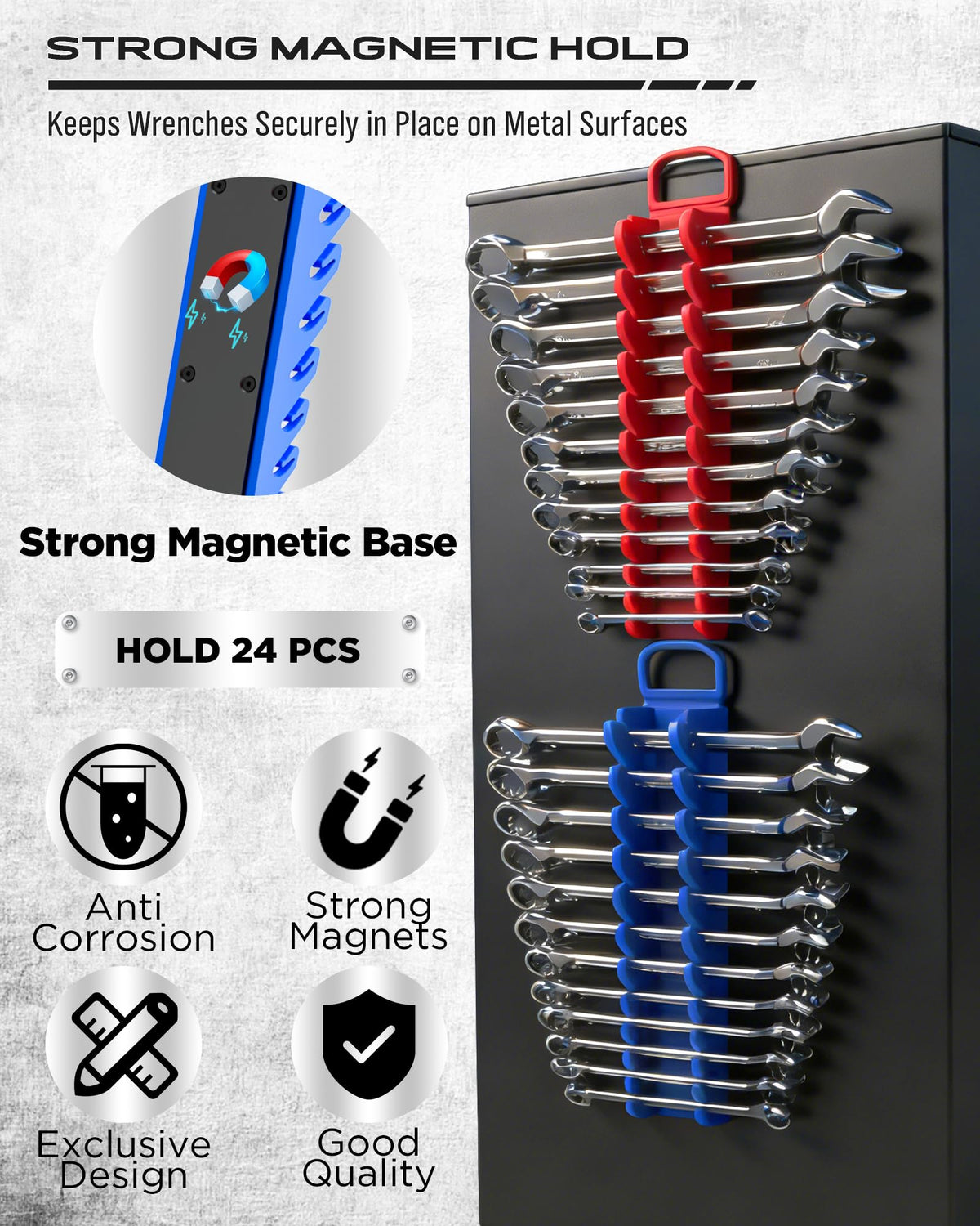 2-Pack Magnetic Wrench Organizer Set, 24-Slot Premium Wrench Rack Holder with Non-Slip Carry Handle for Tool Box Drawer Wall Storage, SAE (1/4'' to 15/16'') & Metric (6mm to 24mm)