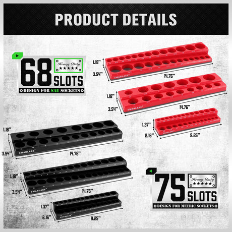 6-piece Magnetic Socket Organizer Set, Metric & SAE Drive Socket Holder, Includes 1/4", 3/8", 1/2", Holds 143 Pieces Magnetic Trays Red Black