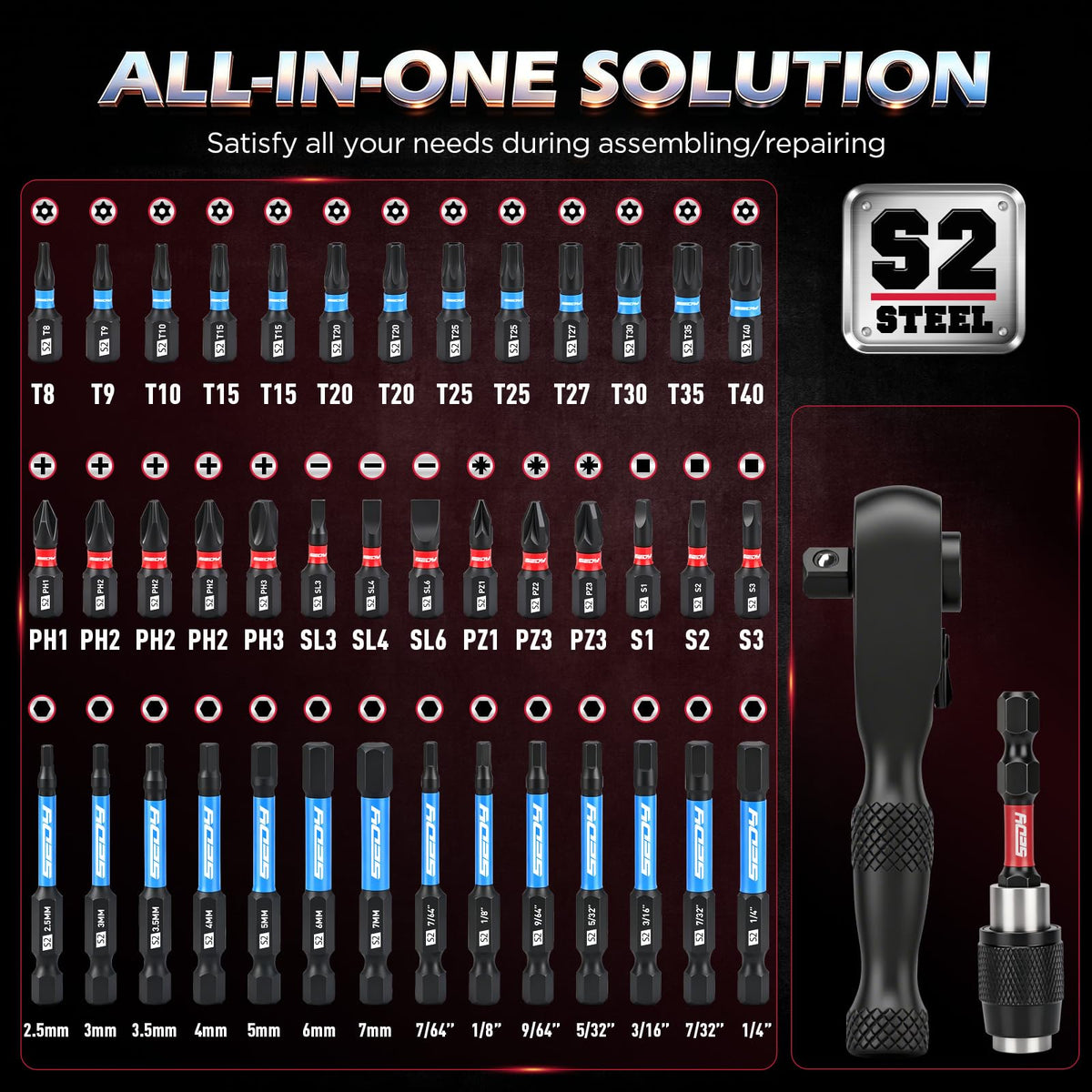 59-Piece Magnetic Nut Driver Bit Set, SAE and Metric Nut Drivers with Screwdriver Bits, Ratchet Wrench, Quick-Change Bit Holder and Storage Case for Automotive Repair, Home Repair and DIY Projects