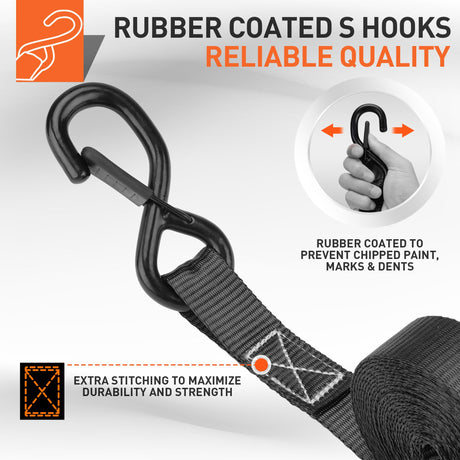HORUSDY Ratchet Straps Heavy Duty, Tie Down Straps Ratchet Set, 2200 LB Break Strength, Safety Lock S Hooks, Best for Moving, Securing Cargo, Kayaks, Mountain (4 Pack，Black)