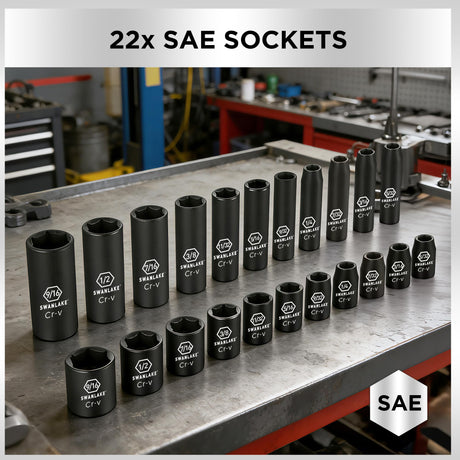 SWANLAKE 1/4" Drive Impact Socket Set, 56-Piece Standard SAE (5/32 to 9/16 inch) and Metric (4-15mm) Size, 6 Point, Cr-V, 1/4-Inch Drive Ratchet Handle, Extension Bar, Impact Universal Joint