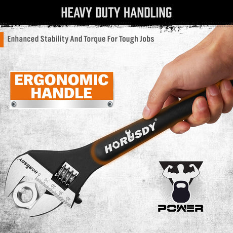 HORUSDY 3-Piece Adjustable Spud Wrench Set, 10", 12", 16", CR-V Steel, SAE & Metric Scale, Black Oxide Finish, Heavy Duty Wrenches for Construction, Mechanical Repair, DIY and Outdoor Projects