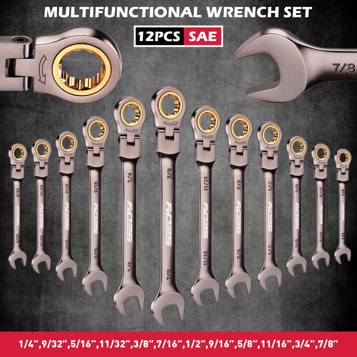 SEDY Premium 12-Piece SAE Flex-Head Ratchet Wrenches Set 1/4"-7/8" with Magnetic Organizer, Cr-V Steel Ratcheting Wrench Set with 72 Teeth 180° Flex Head, Ratchet Combination Wrench Set for Repair