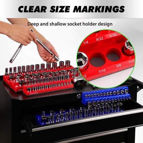 8-Piece Magnetic Socket Organizer Set, SAE & Metric Socket Holders for 1/4", 3/8", 1/2" Drive, Holds 199 Sockets, Rubber-Coated Toolbox Storage Trays, Blue and Red Tool Box Organizer