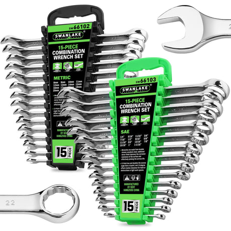 SWANLAKE 30-Piece Combination Wrench Set, Metric & SAE (8-22mm & 1/4” to 1-1/16”),12-Point Open End Standard Wrench Set, Mechanics Wrenches Sets, Chrome Vanadium Steel with Storage Rack