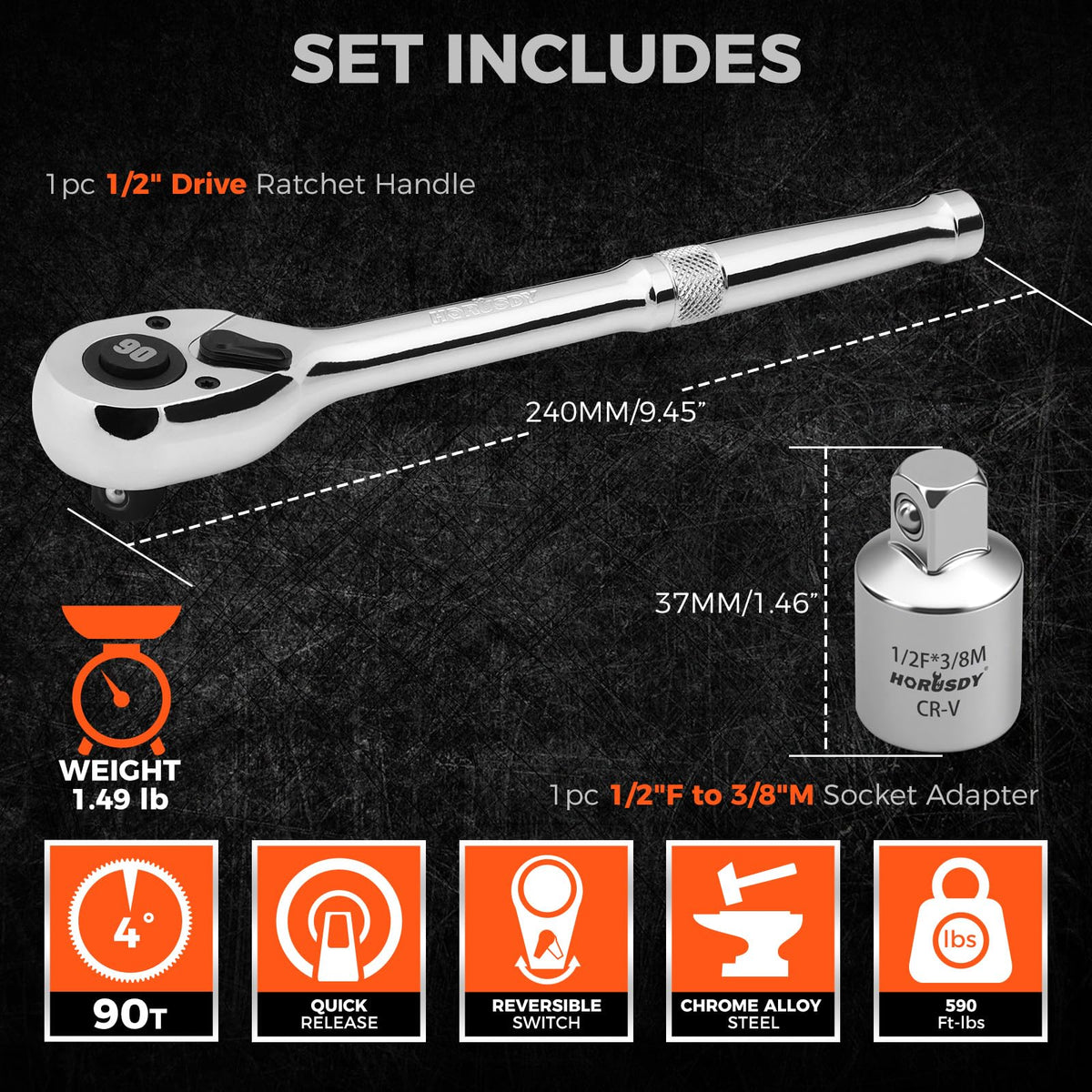 HORUSDY 90-Tooth Quick-Release Ratchet Handle