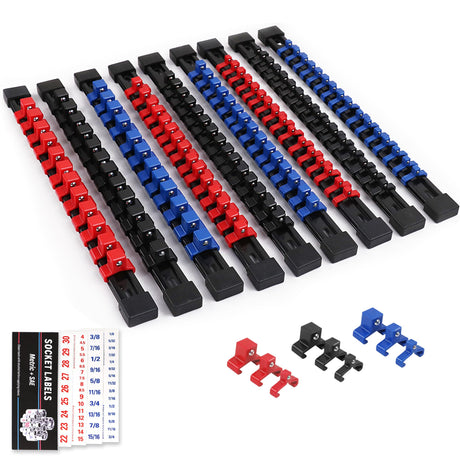 SWANLAKE 9-Piece Premium Socket Holder Organizer Set, 1/4-Inch x 48 Clips, 3/8-Inch x 45 Clips, 1/2-Inch x 36 Clips, Premium Quality Socket Clip Rail Holder