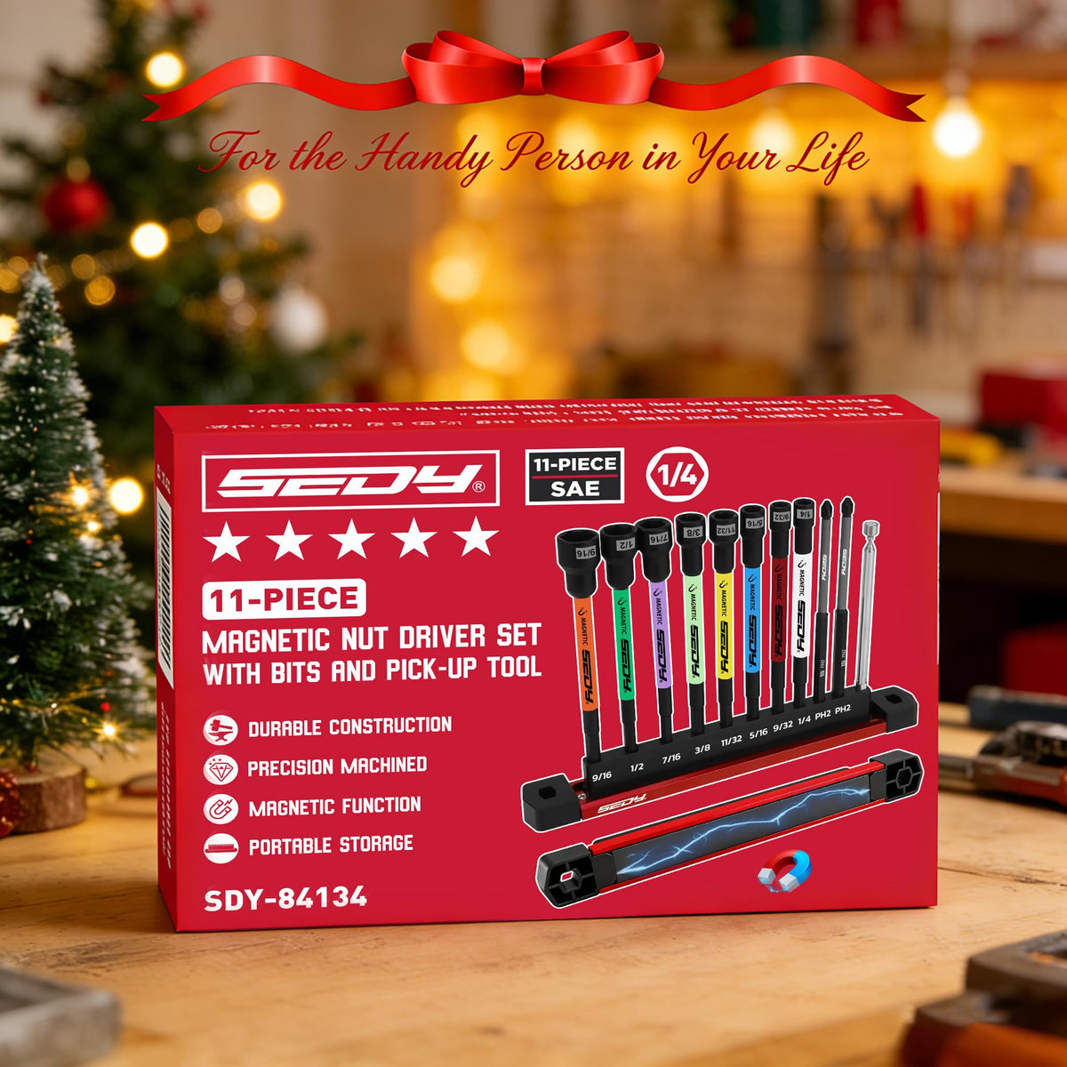 11PCS Magnetic Extra Long Nut Driver Set, SAE 9/16"-1/4", 6" Impact Nut Driver with PH2 Bits, 1.5lb Telescoping Magnetic Pickup Tool & Storage Rail, 1/4" Hex Shank, S2 Steel for Automotive Home Repair