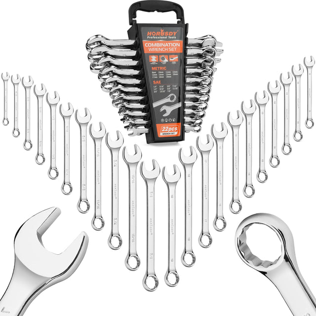 HORUSDY 22-Piece Wrench Set, Metric & SAE, 9mm - 19mm, 1/4" - 7/8", Combination Wrenches Set with Storage Rack, 12 Point Chrome Vanadium Steel