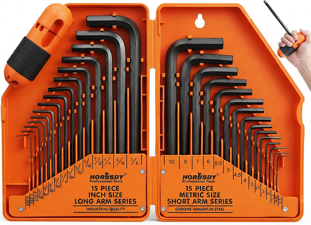 HORUSDY 32-Piece Hex Key Set with Another Torque Handle, Allen Wrench Set Inch/Metric MM(0.7mm-10mm) SAE(0.028"-3/8)