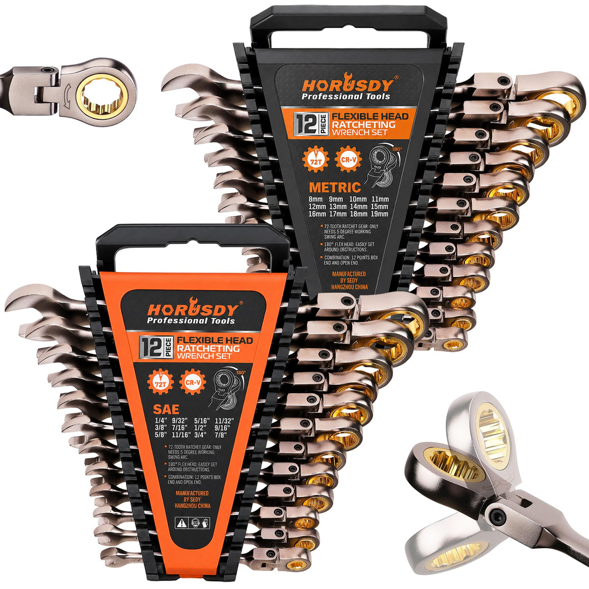 24-Piece Flex-Head Ratcheting Wrench Set, Metric(8–19mm) & SAE(1/4-7/8") Combination Wrenches, 72-Tooth CR-V Steel, Ratchet Spanners with Wrench Organizer for Repair
