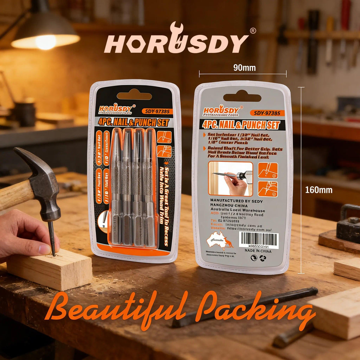 HORUSDY 4-Piece Durable Nail Setter Punch & Center Punch Set, Hardened Cr-V Steel with Non-Slip Knurled Grip, Includes 3 Nail Setters (1/32", 1/16", 3/32") and 1/8" Center Punch