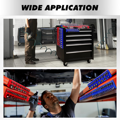 8-Piece Magnetic Socket Organizer Set, SAE & Metric Socket Holders for 1/4", 3/8", 1/2" Drive, Holds 199 Sockets, Rubber-Coated Toolbox Storage Trays, Blue and Red Tool Box Organizer