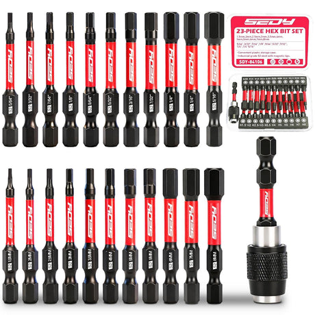 23-Piece Magnetic Hex Head Allen Wrench Drill Bit Set with 2.4" Impact Bit Holder, 1/4" Hex Shank Hex Bits, SAE & Metric Hex Screwdriver Bit Set, S2 Steel Allen Key, Mechanic Home Repair