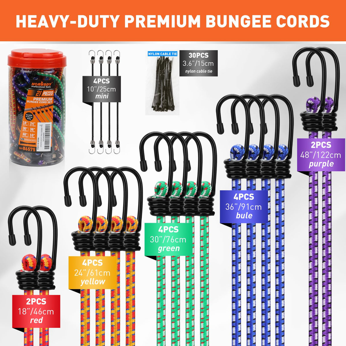 HORUSDY 21 - Piece Bungee Cord Set with Hooks & Straps, 10”/18”/24”/30”/36”/48” Heavy Duty Bungee Cords Assortment for Camping, Truck, Moving, Emergency, Outdoor Storage (30 Nylon Cable Ties Extra)