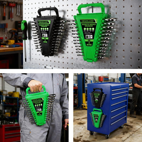 2-Piece Magnetic Wrench Organizer, Metric & SAE Portable Plastic Wrench Holder, 24-Slot Total, Foldable Carrying Handle for Wall-Mounted, Easy-Open Lock Cover, Wrenches Storage Rack Tool for Tool Box