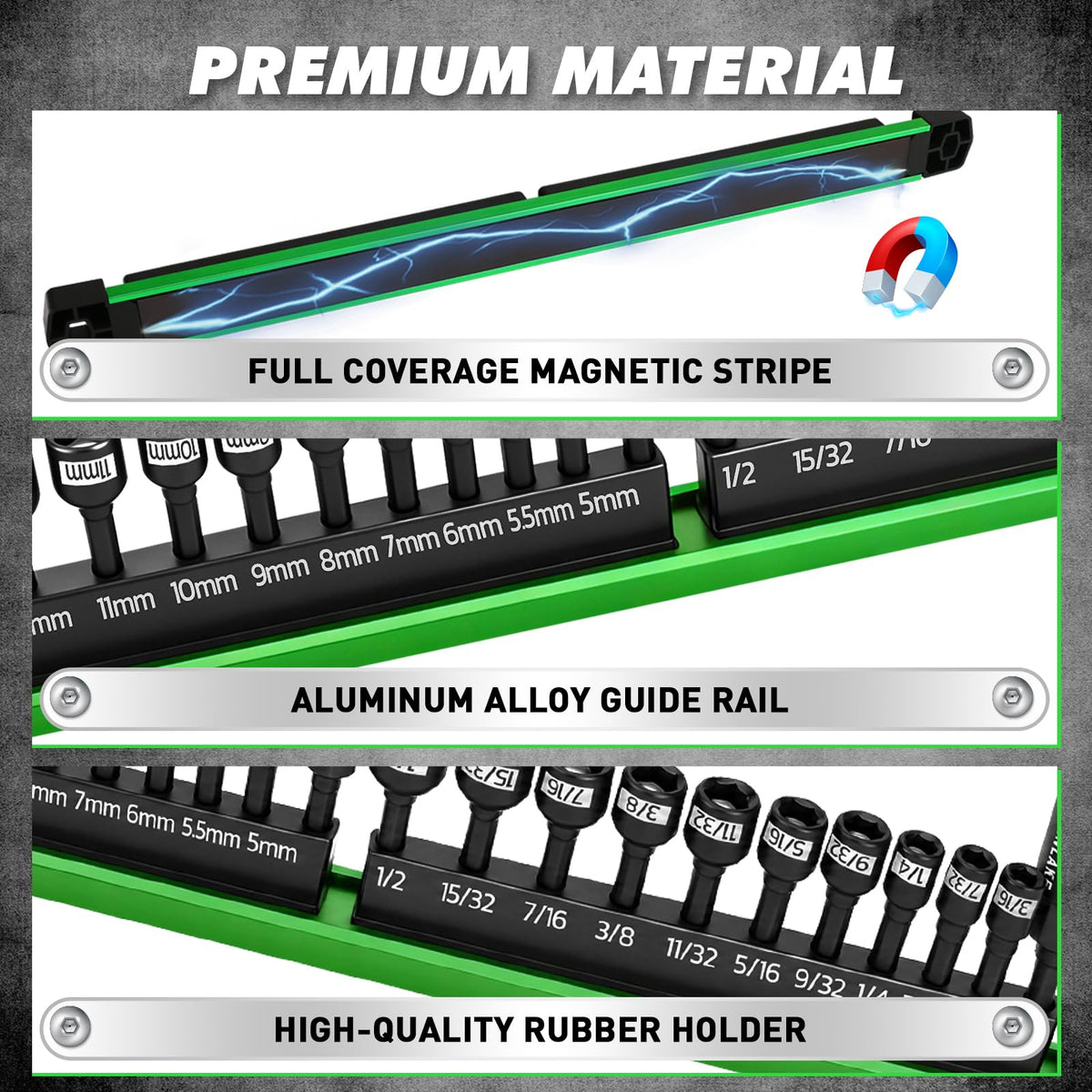22-Piece Magnetic Nut Driver Set, Metric & SAE (5-13mm & 3/16"-1/2"), 1/4" Hex Shank Impact Bit Set, Wing Nut Driver Bits, Magnetic Aluminum Storage Rail