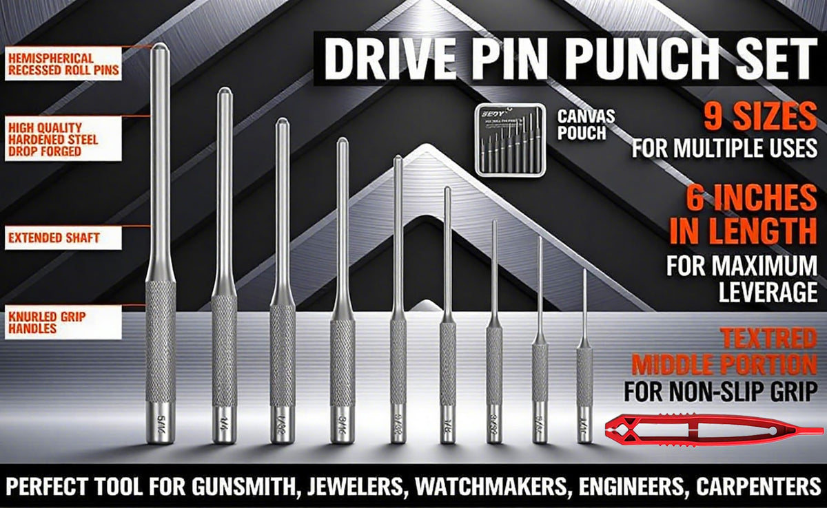 9-Piece Roll Pin Punch Set - Fast Pin Removal - Durable Steel & Construction - For Automotive, Firearm Maintenance, Watch, Jewelry & Craft Repair - Knurled Grip - Versatile Sizes