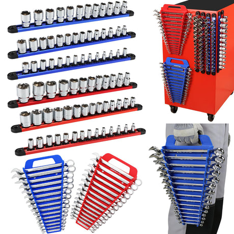 8-Piece Magnetic Socket and Wrench Organizer Set, Metric & SAE, 1/4", 3/8", 1/2" Drive Socket Rail, 24-Slots Wrench Holder with Non-Slip Handle for Toolbox Drawer Storage (Socket Wrench not Included)