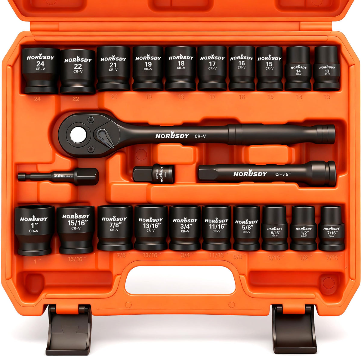 HORUSDY 1/2" Drive Shallow Impact Socket Set, 24-Piece SAE (7/16"-1") and Metric (13-24mm), 6 Point, Cr-V, Includes 1/2-Inch Drive Ratchet Handle, Drive Extension Bar