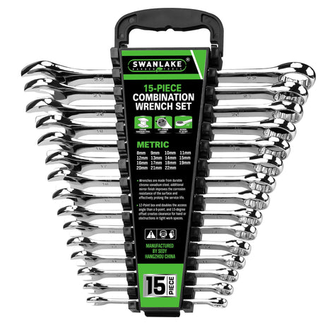 SWANLAKE 15-Piece Metric Combination Wrench Set, 12-Point Max Torque Open End Wrench Set, Cr-V Steel Wrenches 8, 9, 10, 11, 12, 13, 14, 15, 16, 17, 18, 19, 20, 21, 22mm with Storage Rack