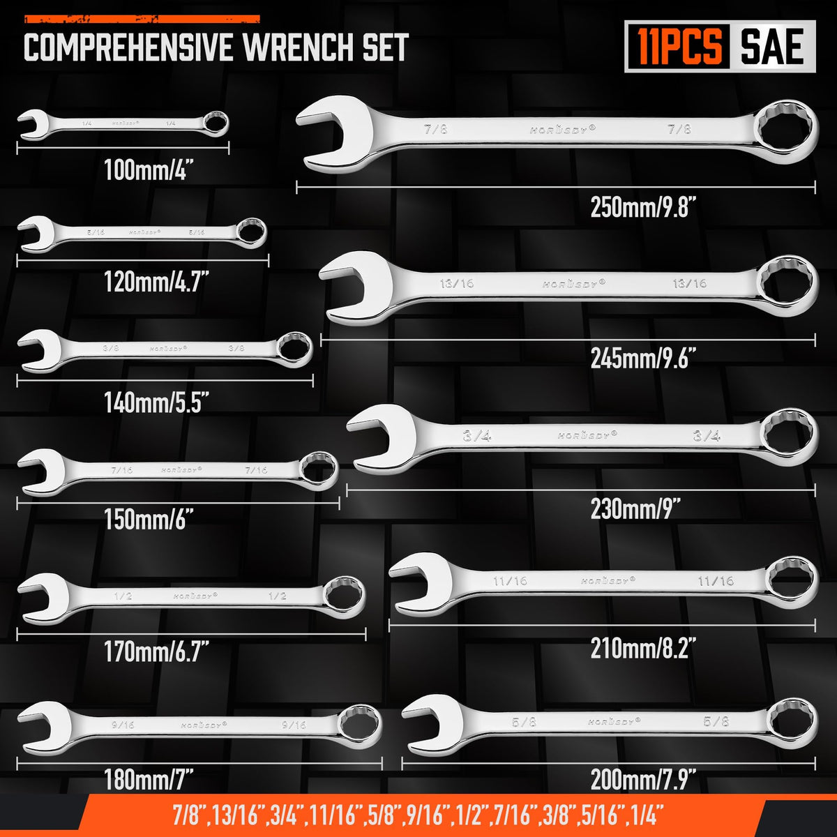 HORUSDY 22-Piece Wrench Set, Metric & SAE, 9mm - 19mm, 1/4" - 7/8", Combination Wrenches Set with Storage Rack, 12 Point Chrome Vanadium Steel
