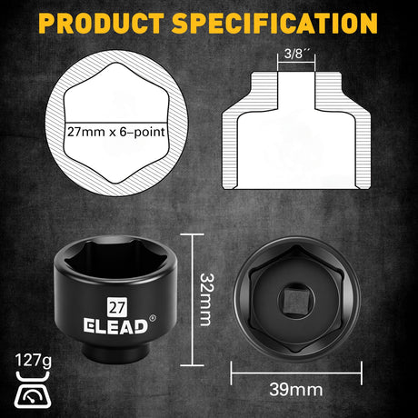 ELEAD 27 mm Oil Filter Socket Wrench, Metric Oil Filter Wrenches, 3/8'' Drive 6-Point Oil-Filter Removal Tool, Low Profile Design for Easy Removal, Chrome Vanadium Steel Oil-Change Tool