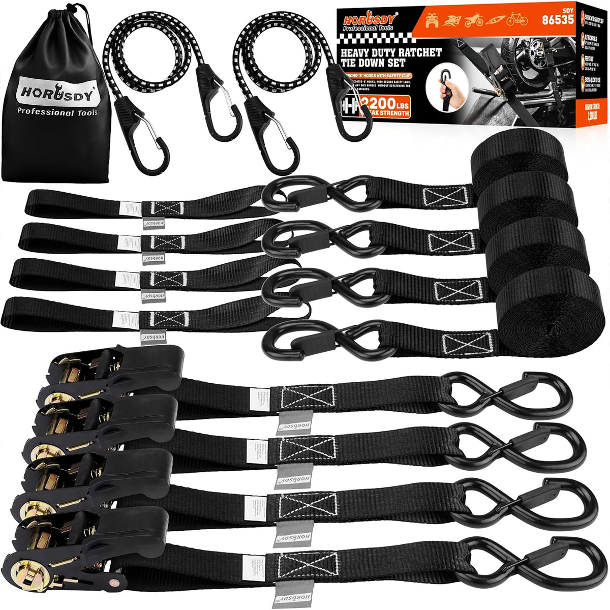 HORUSDY Ratchet Straps Heavy Duty, Tie Down Straps Ratchet Set, 2200 LB Break Strength, Safety Lock S Hooks, Best for Moving, Securing Cargo, Kayaks, Mountain (4 Pack，Black)