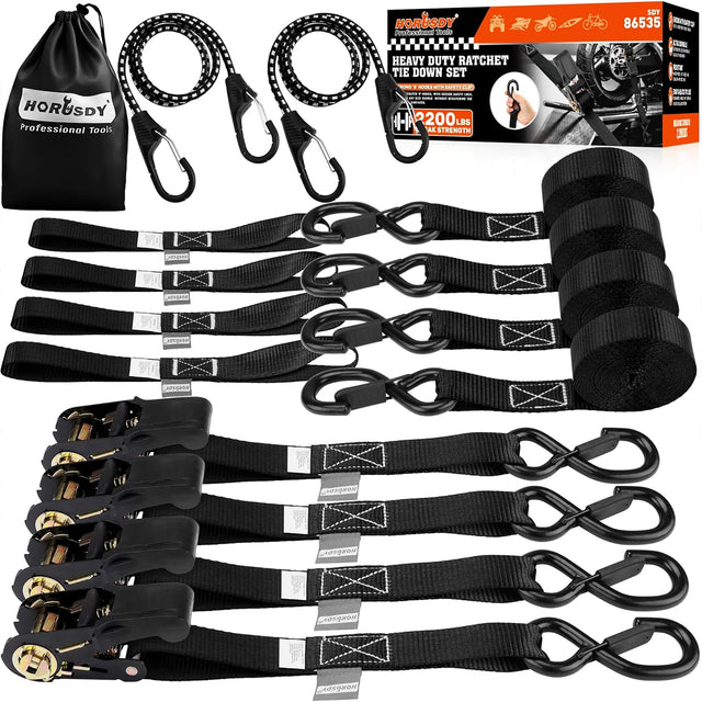 HORUSDY Ratchet Straps Heavy Duty, Tie Down Straps Ratchet Set, 2200 LB Break Strength, Safety Lock S Hooks, Best for Moving, Securing Cargo, Kayaks, Mountain (4 Pack，Black)