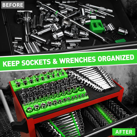 10-Piece Magnetic Socket and Wrench Organizer Set, 1/4", 3/8", 1/2" Drive Metric SAE Socket Organizer, Magnetic Wrench Holder 30 Slots Total, Tool Box Organizers (Sockets Wrenches not Included)