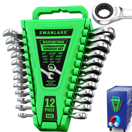 12-Piece Ratcheting Wrench Set, SAE 1/4 - 3/4 inch Ratchet Combination Wrenches Set, 12-Point 72-Tooth Ratchet Spanners with Magnetic Base Organizer, Chrome Vanadium Steel for Automotive Mechanic Tool
