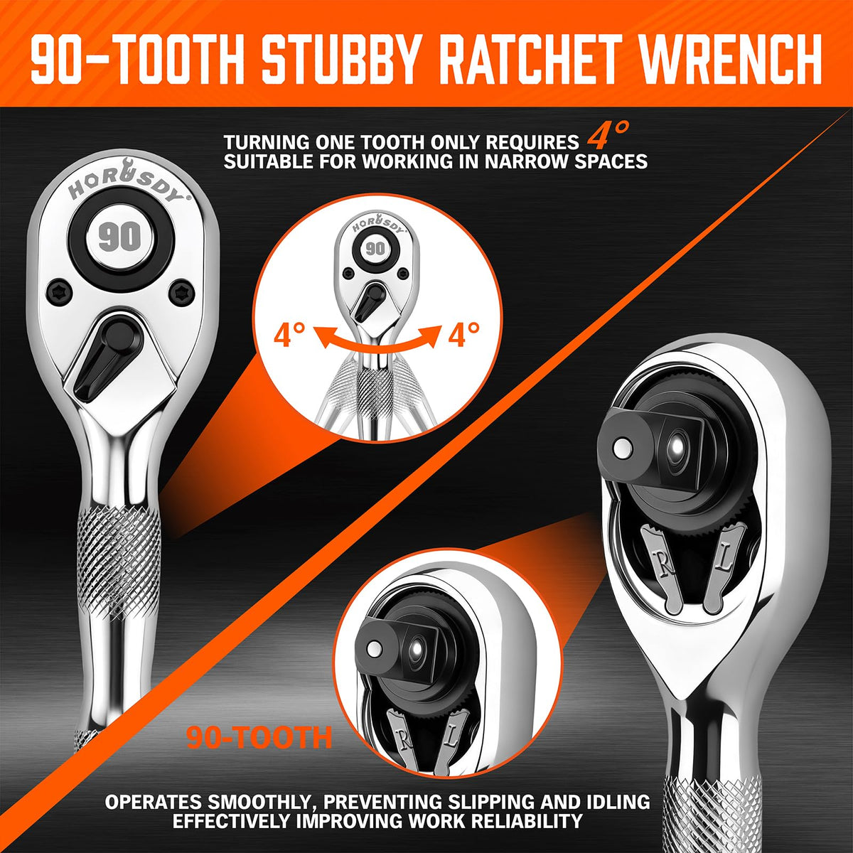 HORUSDY 3 Piece 90T Stubby Ratchet Handle Set, 1/4" 3/8" 1/2" Drive Mini Socket Wrench, Compact Reversible Ratchets for Tight Spaces, Car & Home Repair, DIY, Mechanic Tool