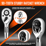 HORUSDY 3 Piece 90T Stubby Ratchet Handle Set, 1/4" 3/8" 1/2" Drive Mini Socket Wrench, Compact Reversible Ratchets for Tight Spaces, Car & Home Repair, DIY, Mechanic Tool