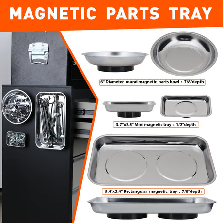 HORUDSY 4PC Magnetic Tray Set with Magnet Stick – Extra Strong Magnets, Stainless Steel Trays, and Telescoping Pickup Tool for Organizing and Retrieving Metal Parts