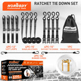 HORUSDY Ratchet Straps Heavy Duty, Tie Down Straps Ratchet Set, 2200 LB Break Strength, Safety Lock S Hooks, Best for Moving, Securing Cargo, Kayaks, Mountain (4 Pack，Black)